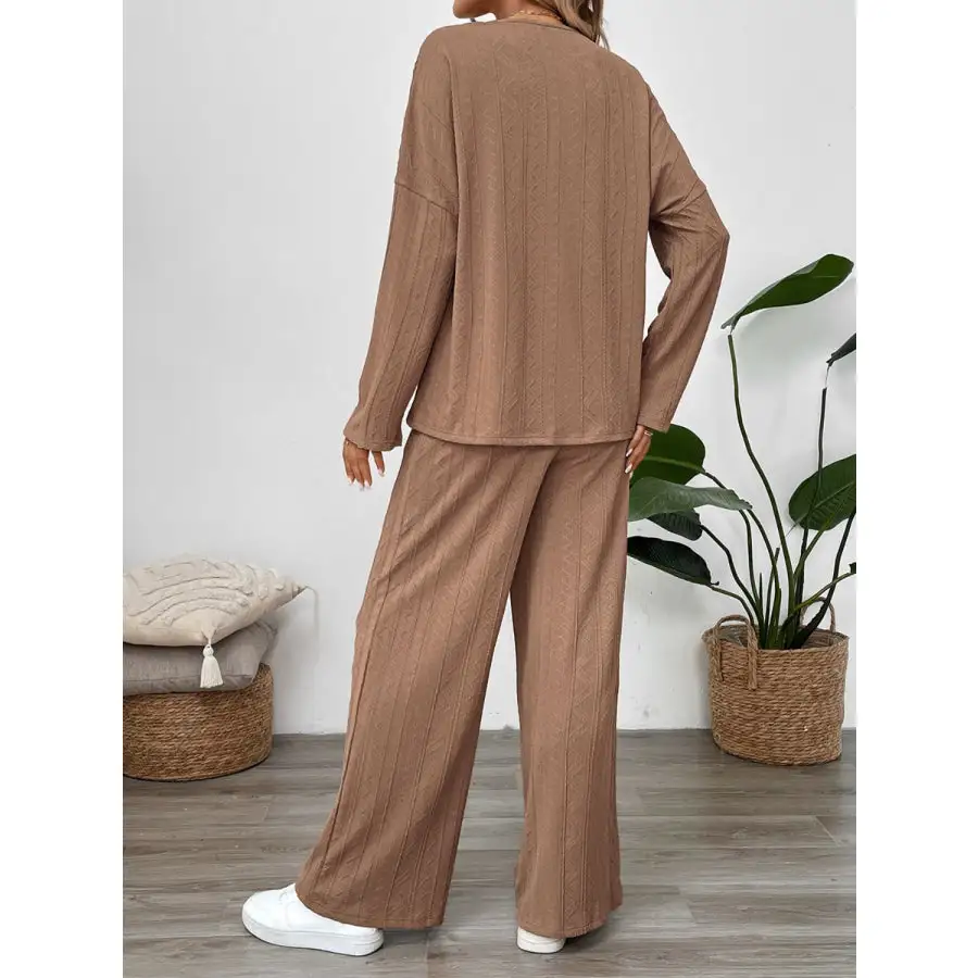 Quarter Button Long Sleeve Top and Pants Set