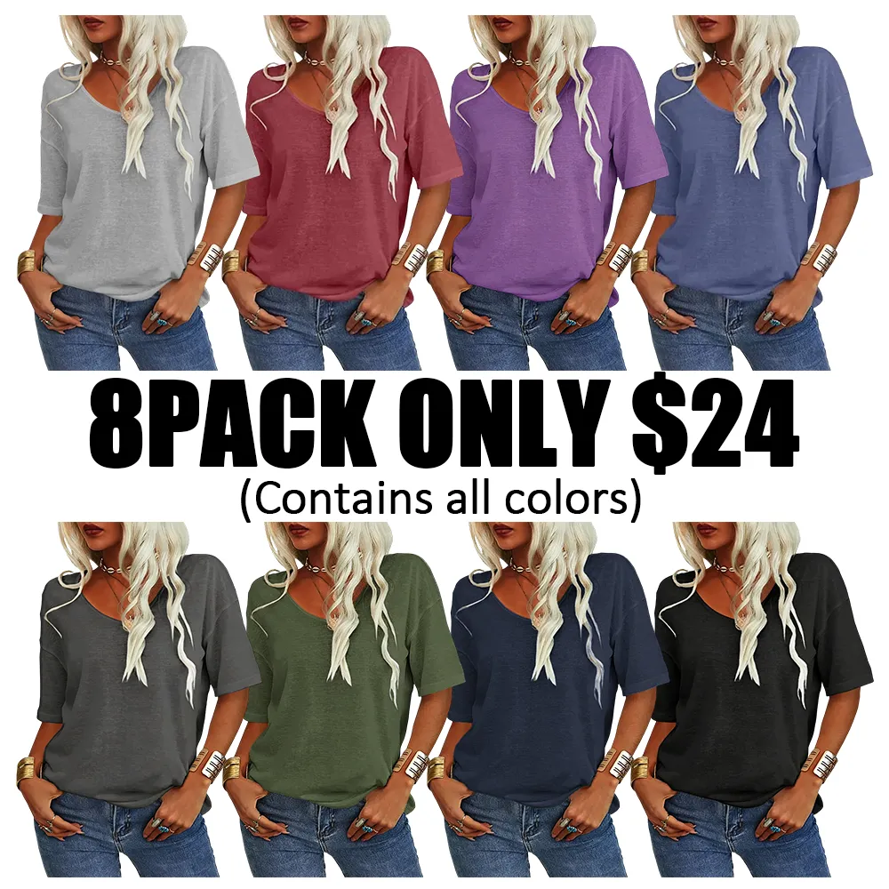 Women's Soft V-Neck Short-Sleeve T-Shirt-🔥8-Pack- Only $24