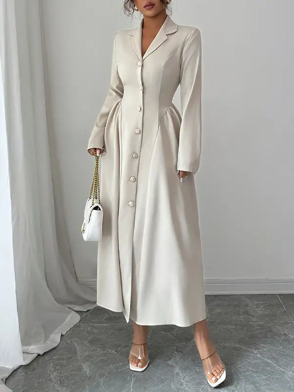 High Pleated Buttoned Shirt Maxi Dress