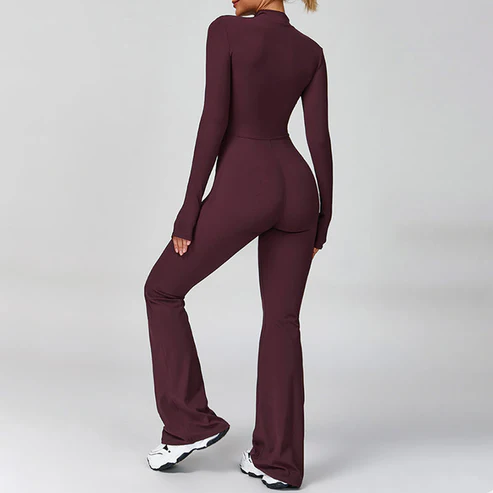 Half Zip Long Sleeve Flared Yoga Jumpsuit Set