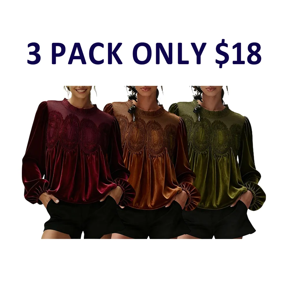 Women'S Long Sleeve Velvet Trim Lace Blouse Elegant Flared Swing Top