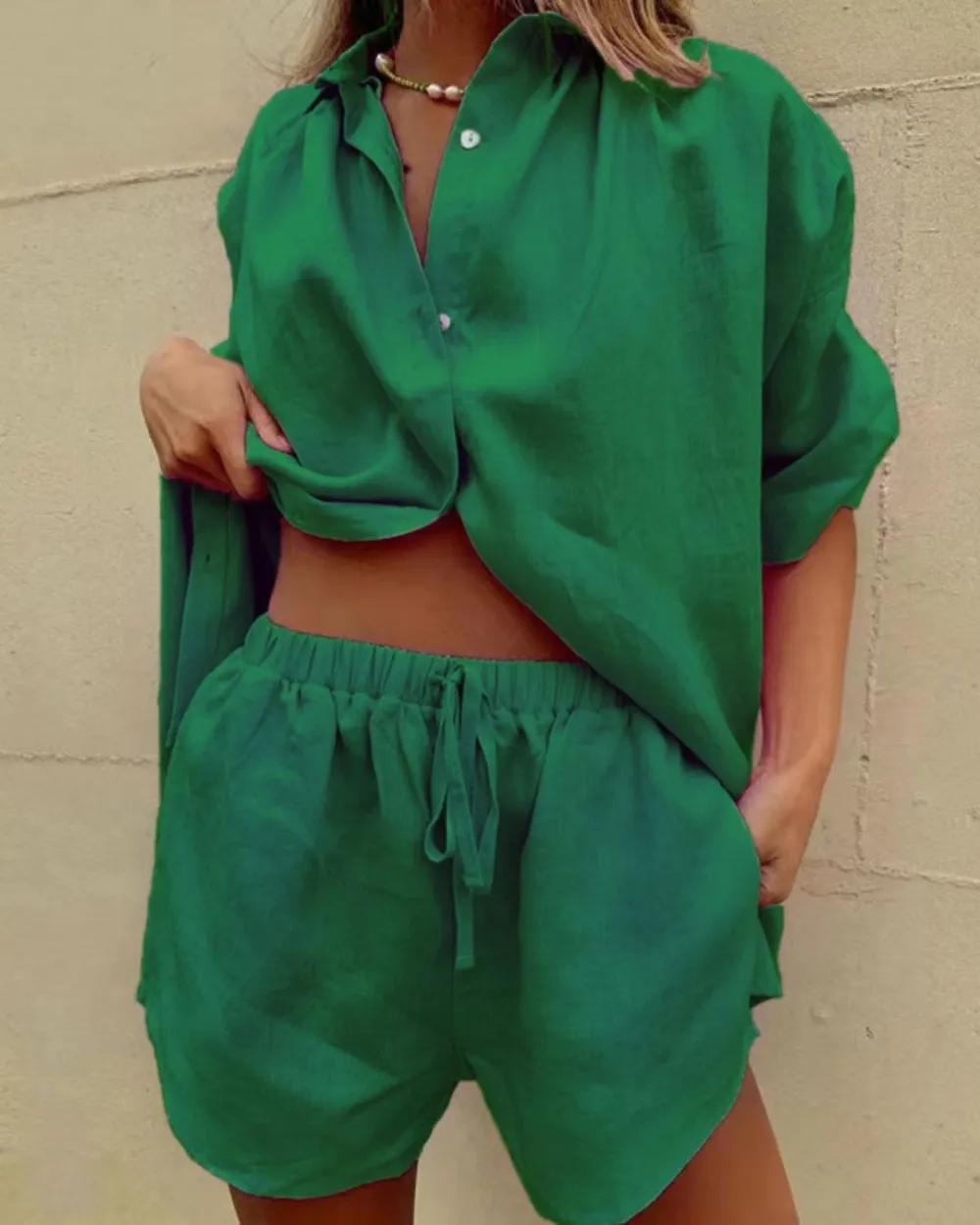 Casual V-Neck Shirt and Shorts Two-Piece Set