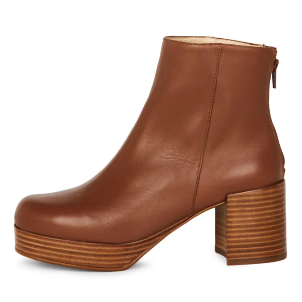 Faux-Leather Zip-Up Round-Toe Chunky-Heel Ankle Boots