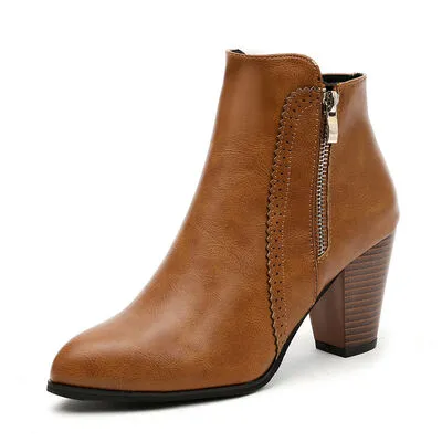 Pu Leather Block Heel Boots
