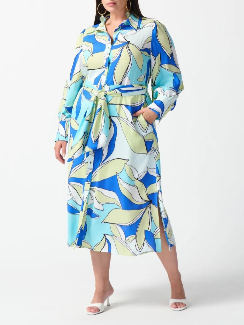 Blue and White Leaf Print Shirt Dress