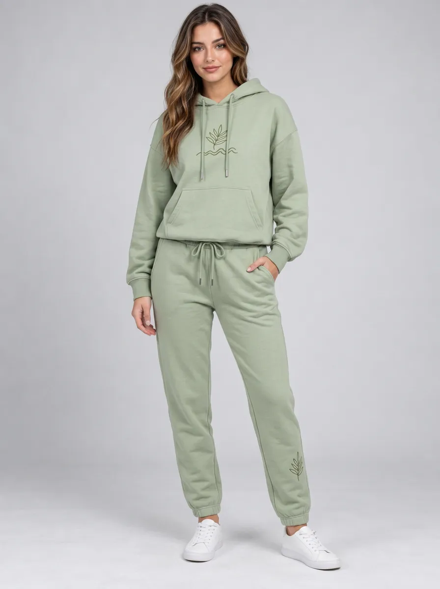 Women's Sage Green Tapered Pants Drawstring Waist Solid Hoodie & Pants Set
