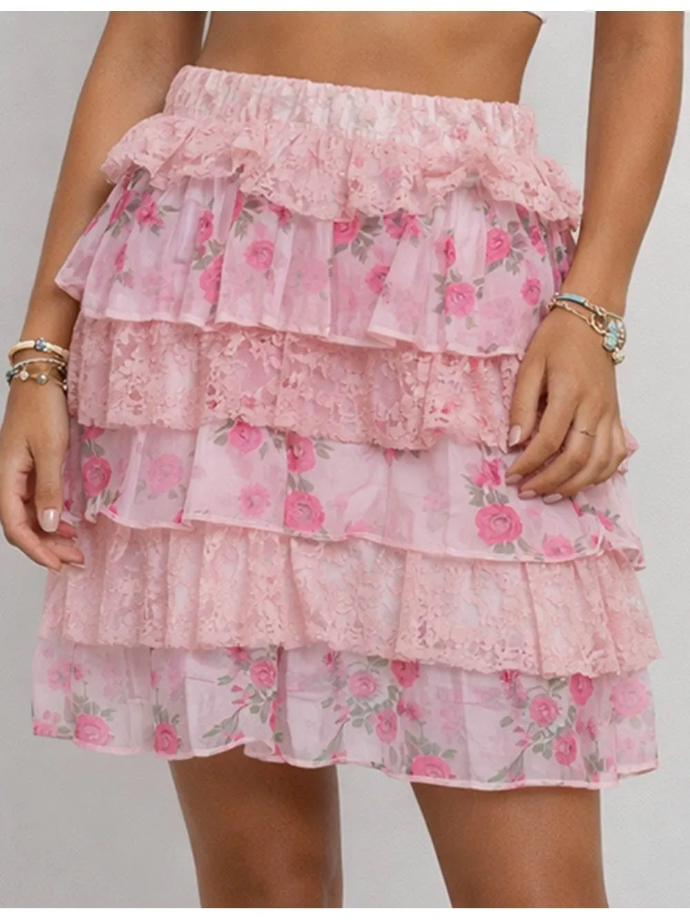 Boho Lace Panel Tiered Ruffle Mini Skirt