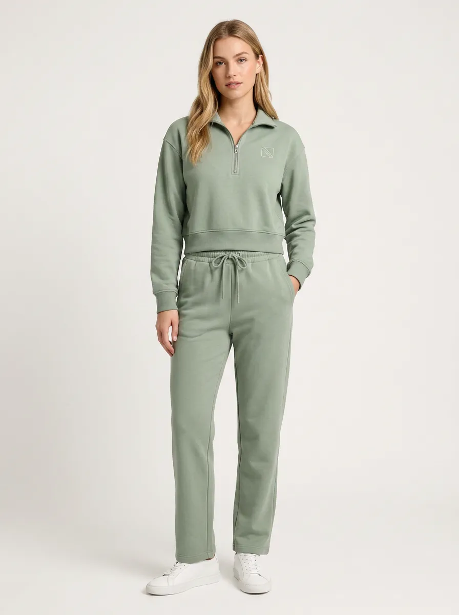Women's Sage Green Minimalist Embroidered Quarter-Zip Lounge Set