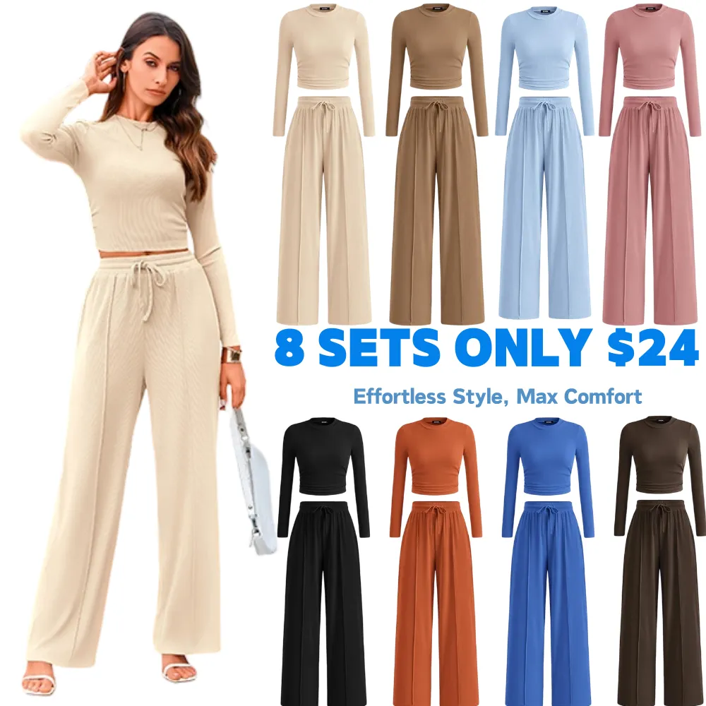 Long-Sleeve Top and Wide-Leg Pants Casual Homewear Set