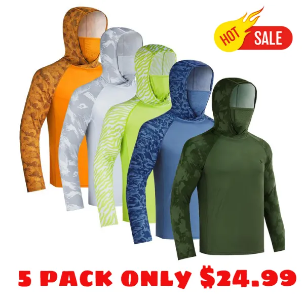 Men UPF 50+ UV Sun Hoodie Shirts with Mask Neck Gaiter  Protection Raglan Long Sleeve Lightweight Quick Dry Moisture Wicking Breathable Cooling Athletic Activewear