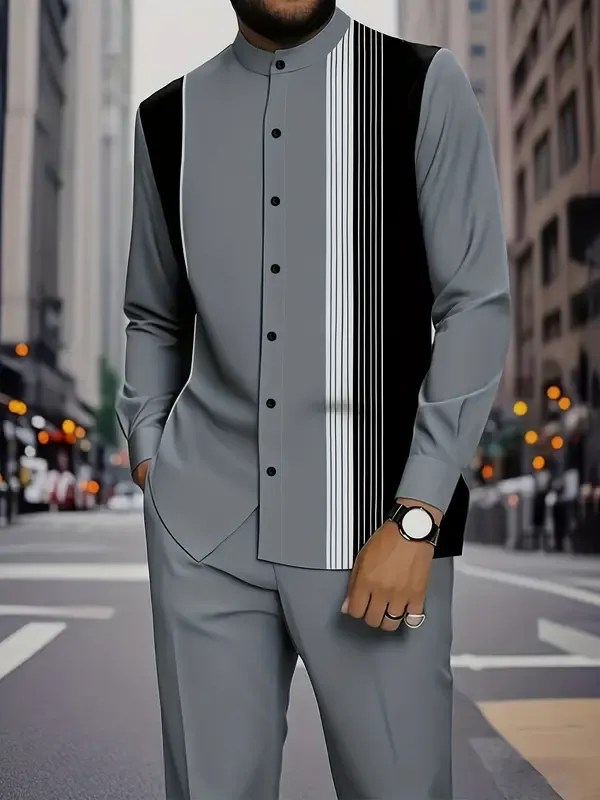 Men's black and white striped button-down shirt with drawstring waist casual pants