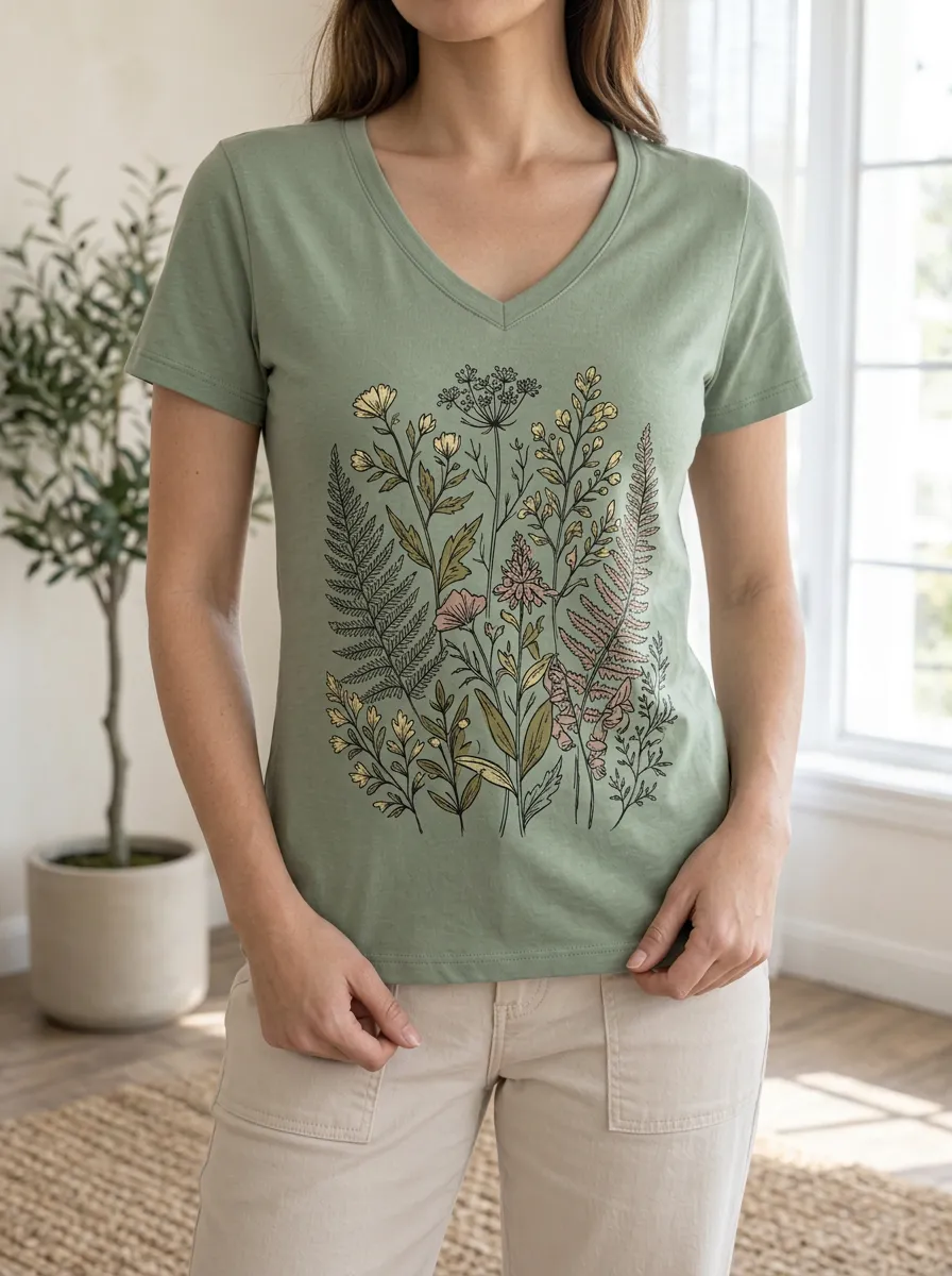 Women's Nature Lover Wildflower Botanical Printed V-Neck T-Shirt