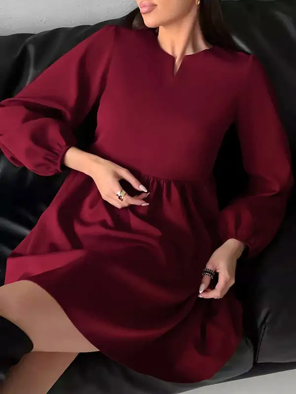 Relaxed Puff Sleeve Elasticity Pleated Solid Color Split Joint Round Neck