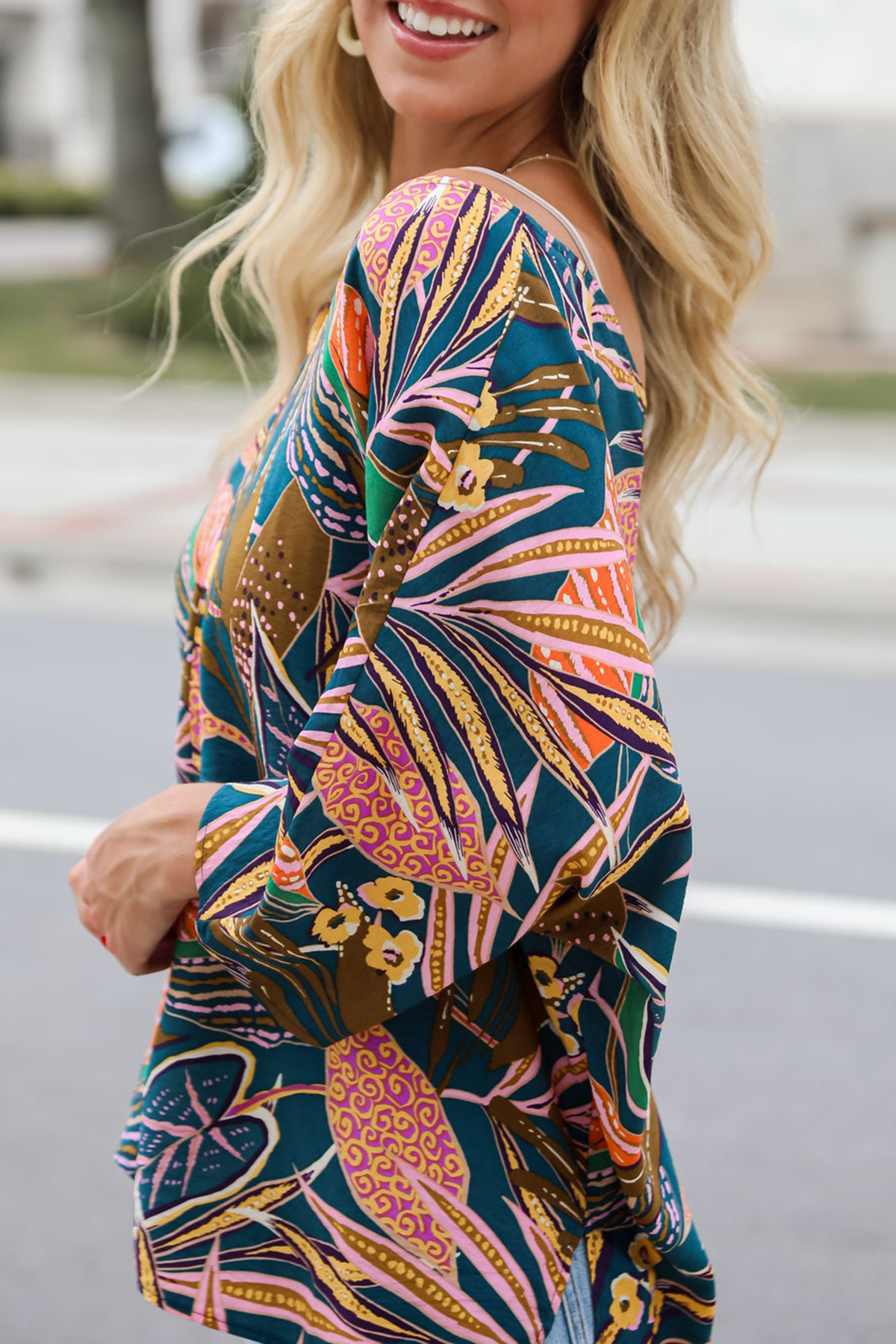 Incredible Allure Teal Leaf Print Oversized Blouse