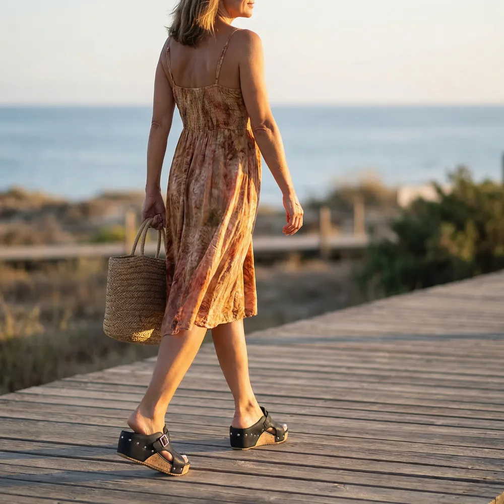 Retro Cork Wedge Sandals with Rivet Detail