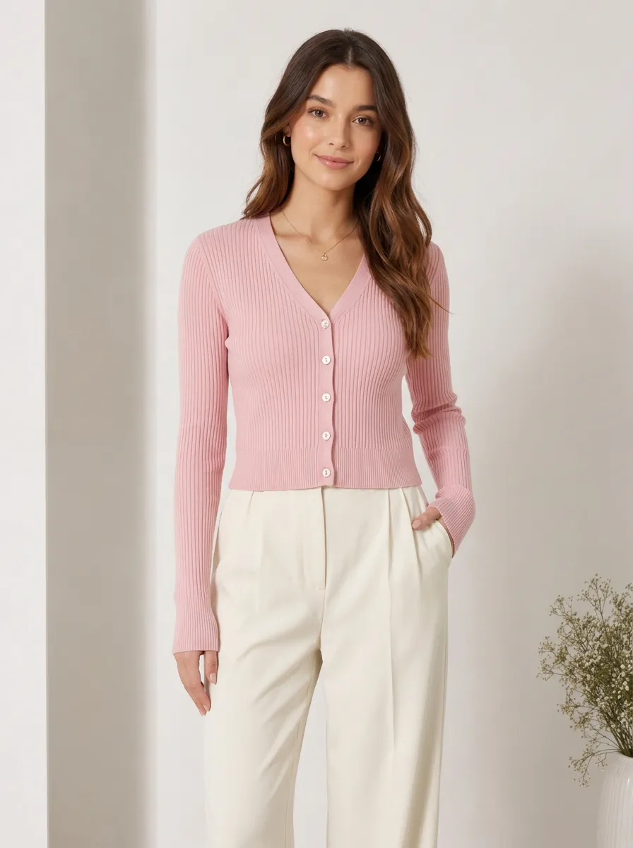 Women's Pink Ribbed V-Neck Button-Down Cardigan Top