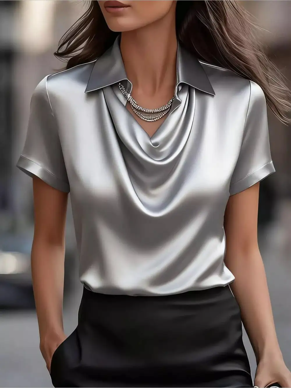 Cowl Neck Short Sleeve Satin Blouse Plus