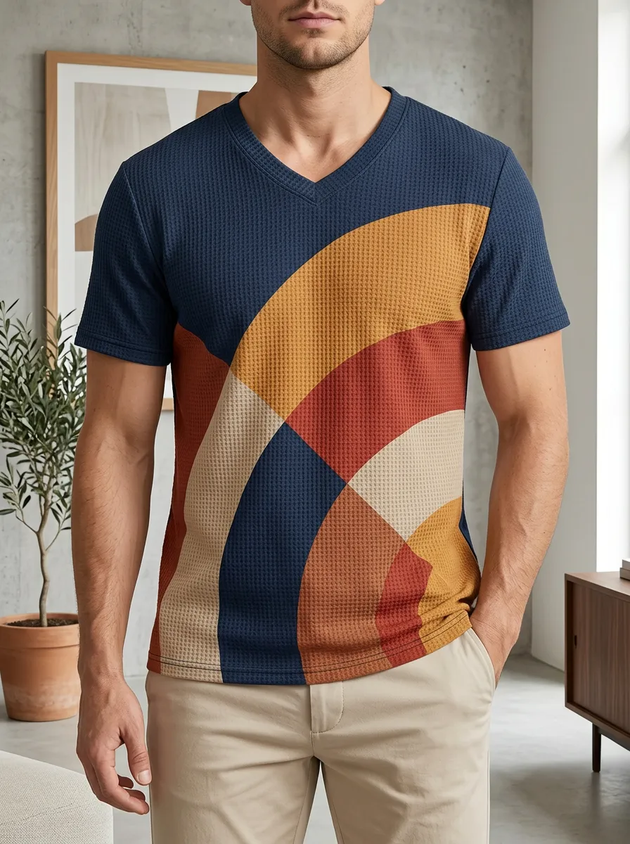 Men's Retro Geometric Colorblock Waffle Knit V-Neck T-Shirt