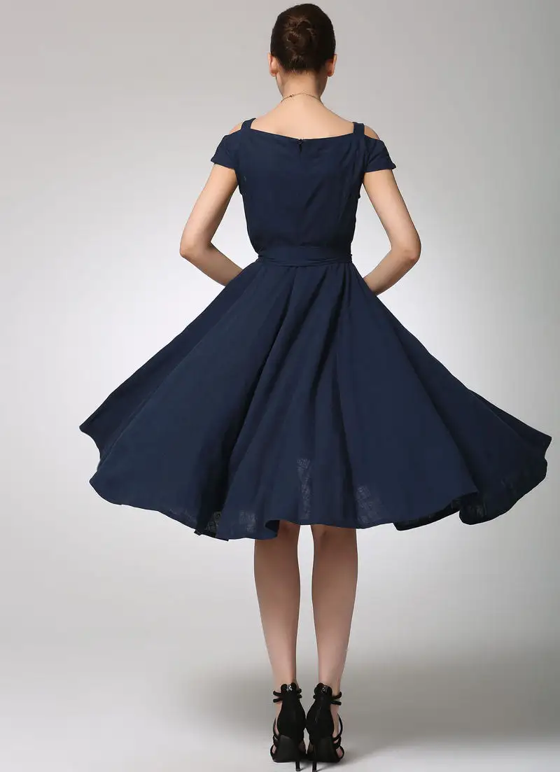 Linen Blend Pleated Short Sleeve Midi Dress