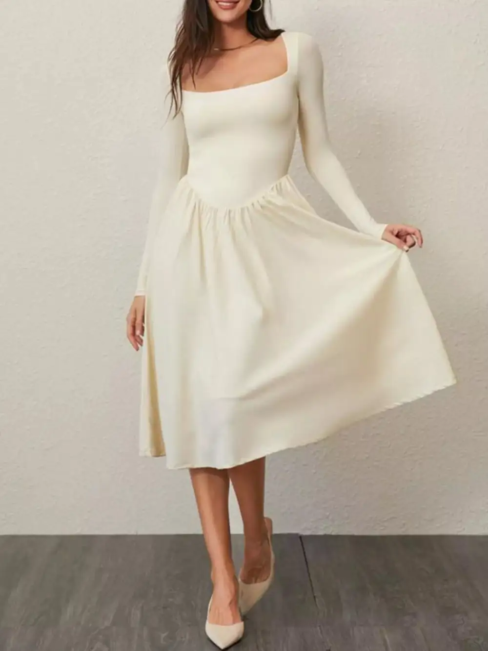 Square Neck Long Sleeve Midi Dress