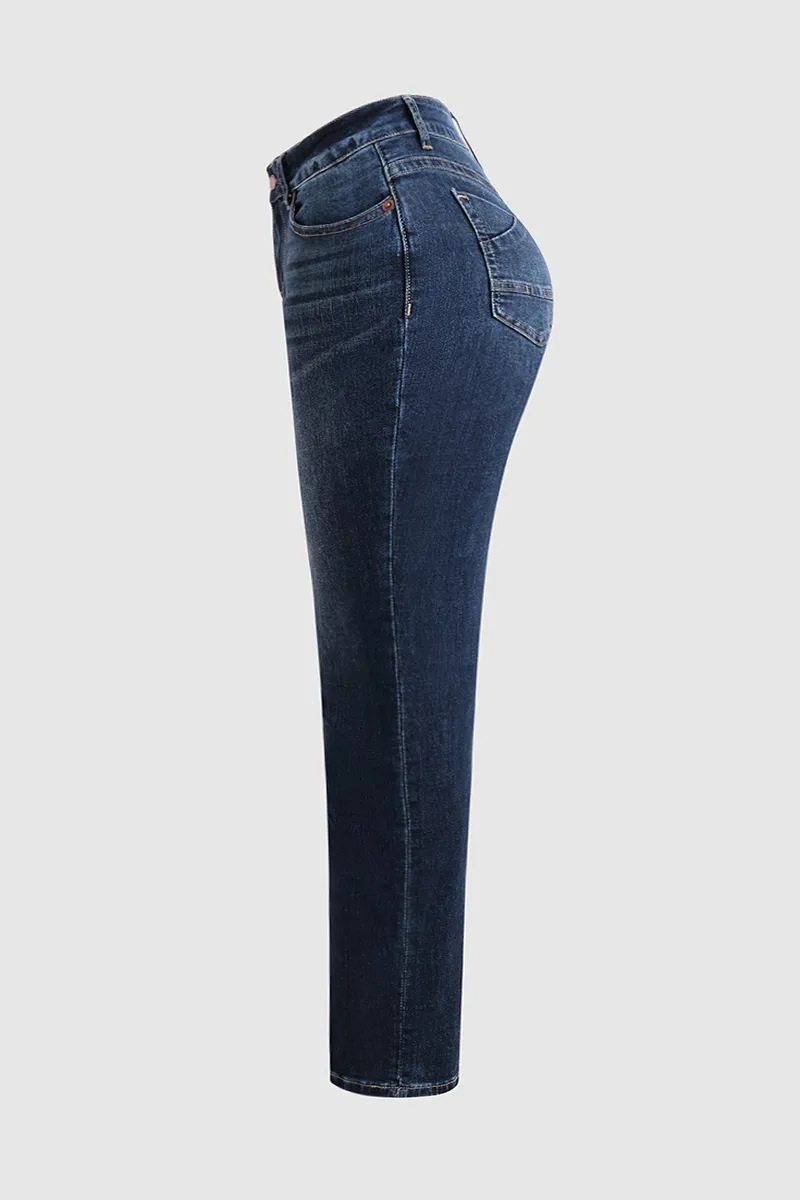 Mid Waist Wash Straight Leg Jeans