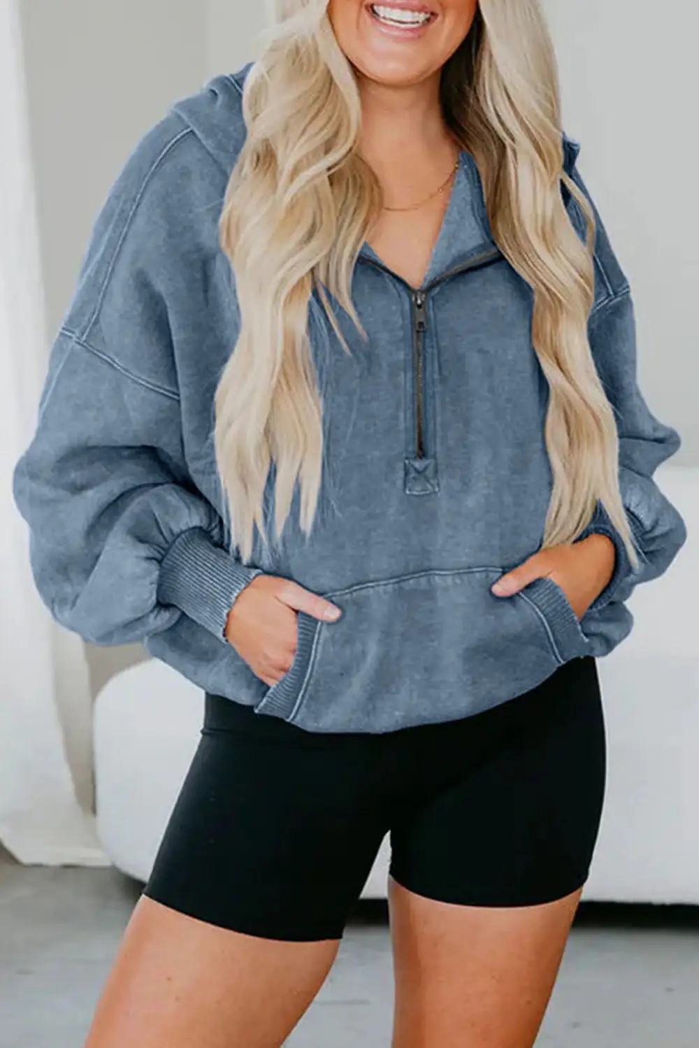 Easygoing Relaxed Mineral Wash Pocket Detail Zip Detail Hoodie