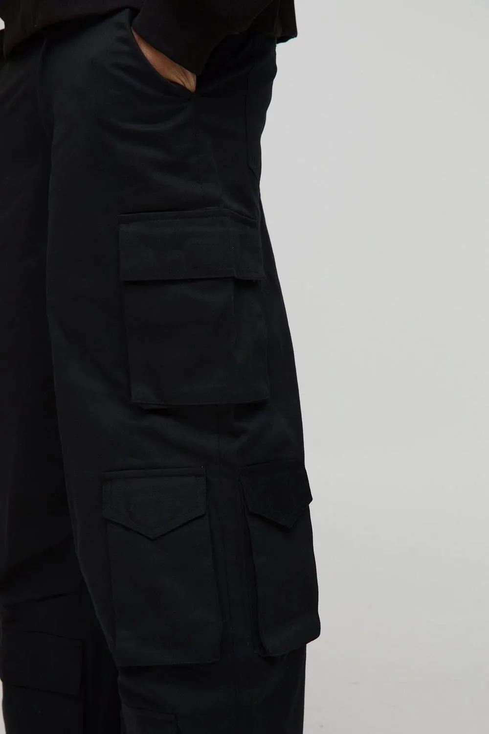 Black Extreme Baggy Rigid Multi Cargo Pocket Pants Daily Casual Style