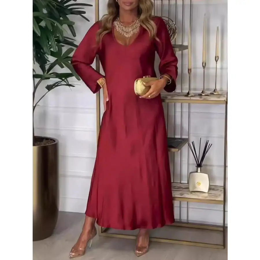 Full Size V-Neck Long Sleeve Midi Dress Plus Size