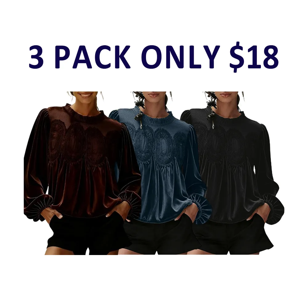 Women'S Long Sleeve Velvet Trim Lace Blouse Elegant Flared Swing Top