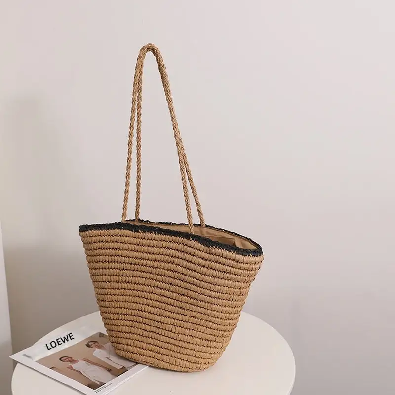 Retro Woven Straw Bag Trim Contrast Handle