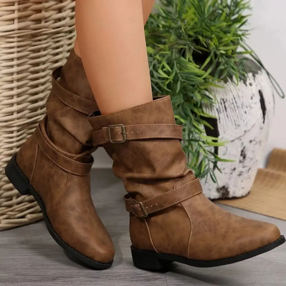 Buckled Low Heel Boots