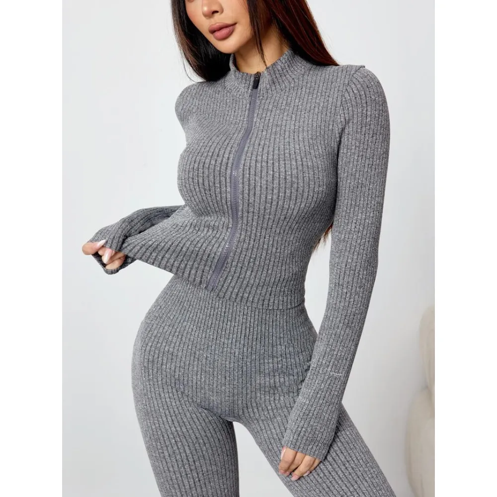Women's Two-Piece Set, Autumn Winter Knit Ribbed Jacket & High-Waisted Flare Pants
