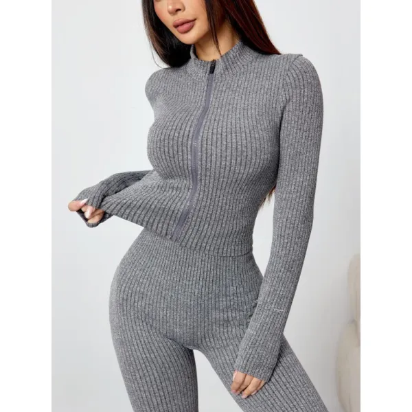 Women's Two-Piece Set, Autumn Winter Knit Ribbed Jacket & High-Waisted Flare Pants