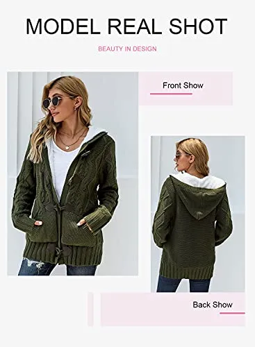 Womens 2025 Winter Hooded Cardigans Button Up Cable Knit Sweater Coat Outerwear with Pockets