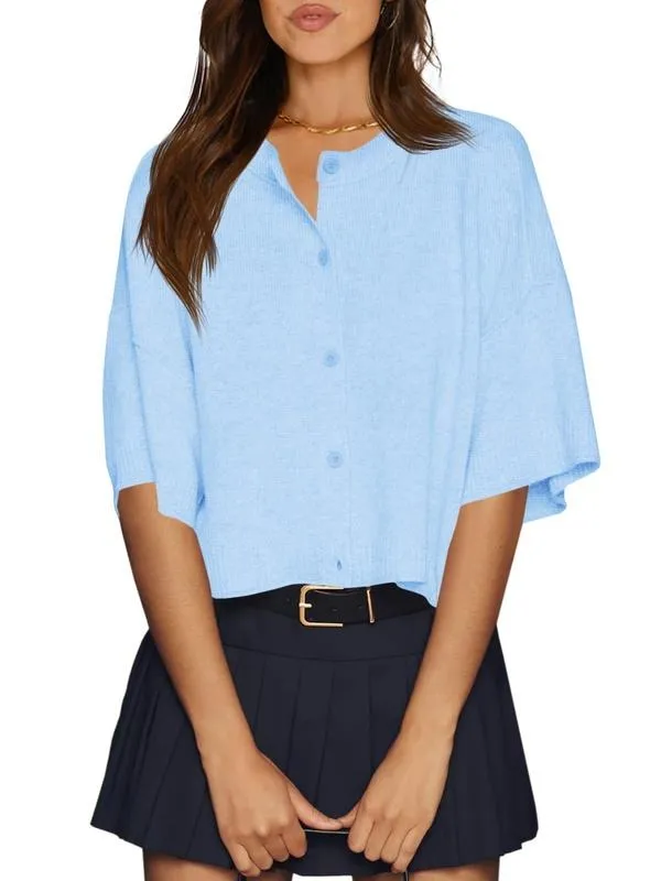 Womens Half Sleeve Cardigan Sweaters Cropped Button Down Tops Oversized Lightweight Ribbed Knit Summer Outfits