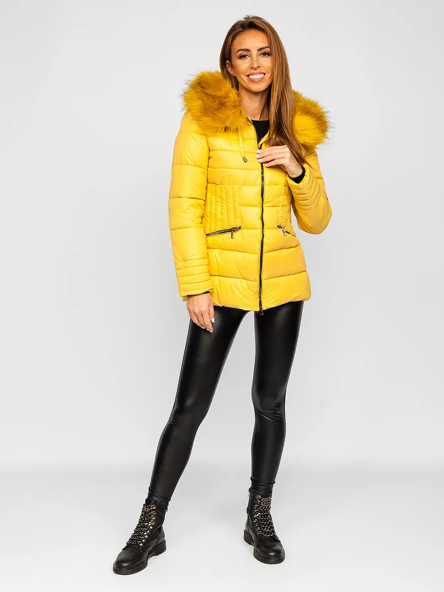 Women's yellow quilted winter jacket with hood