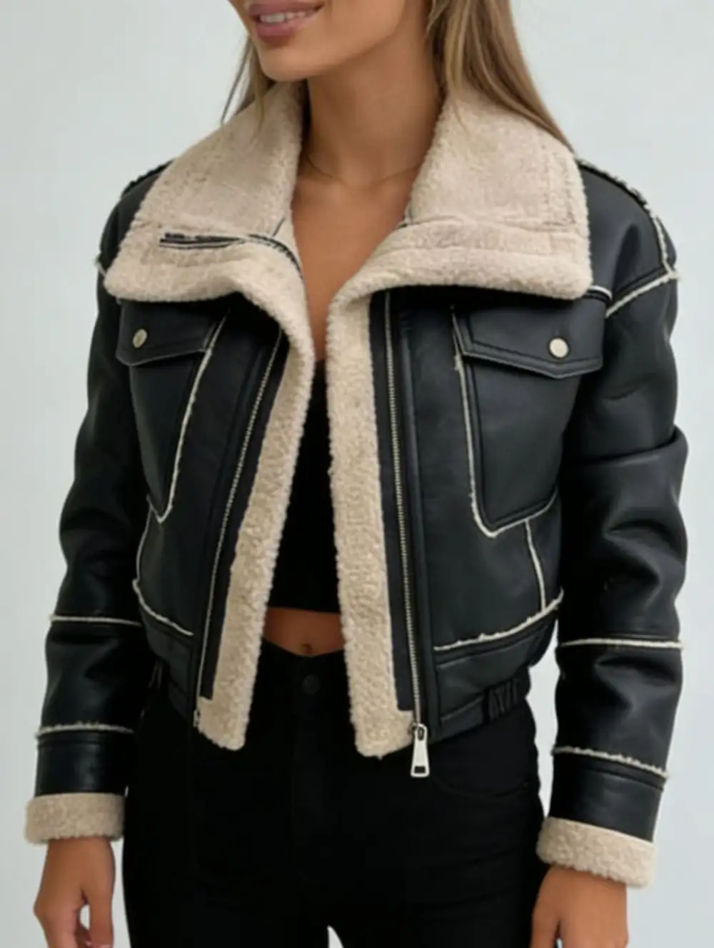 Short Zip Front Motorcycle Pu Leather Jacket