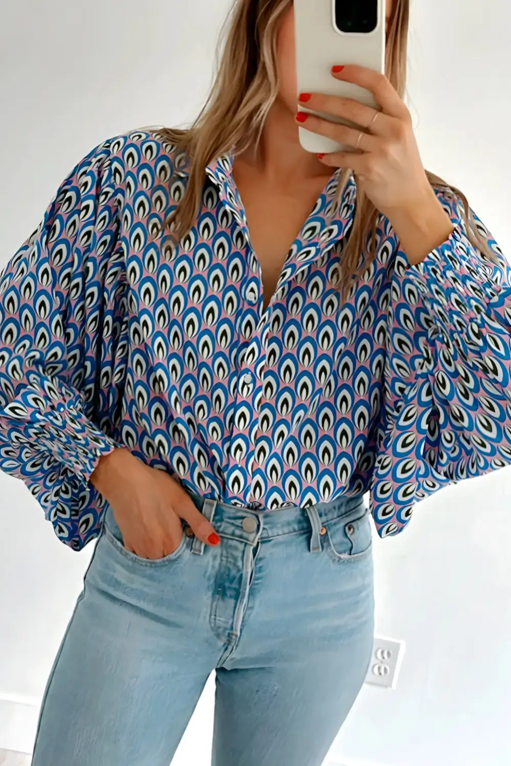 Abstract Print Shirred Puff Sleeve Shirt Blouse