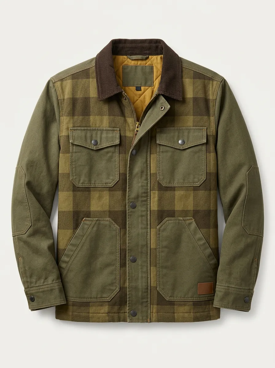 Men's Outdoor Casual Olive Plaid Quilted Corduroy Collar Jacket