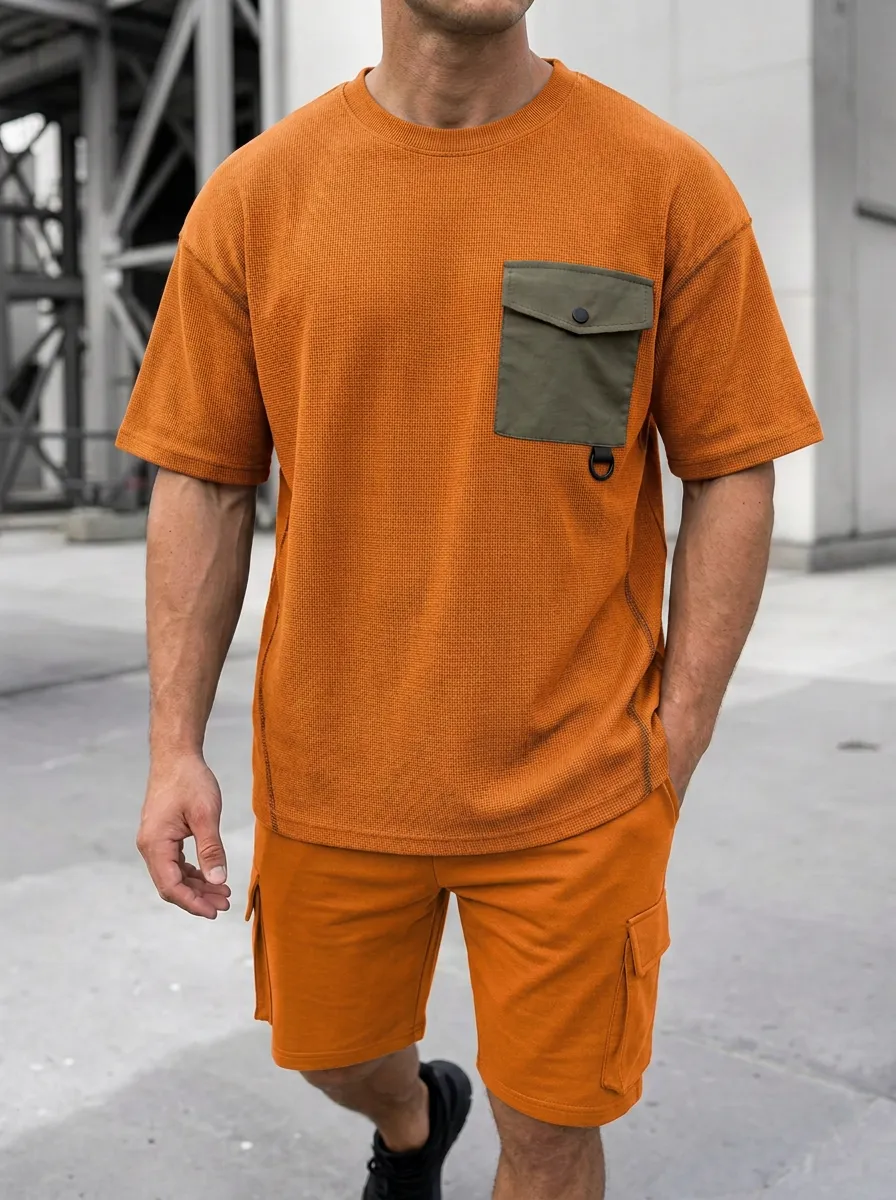 Practical Waffle Texture Modern Look Men's Cargo Pocket T-Shirt