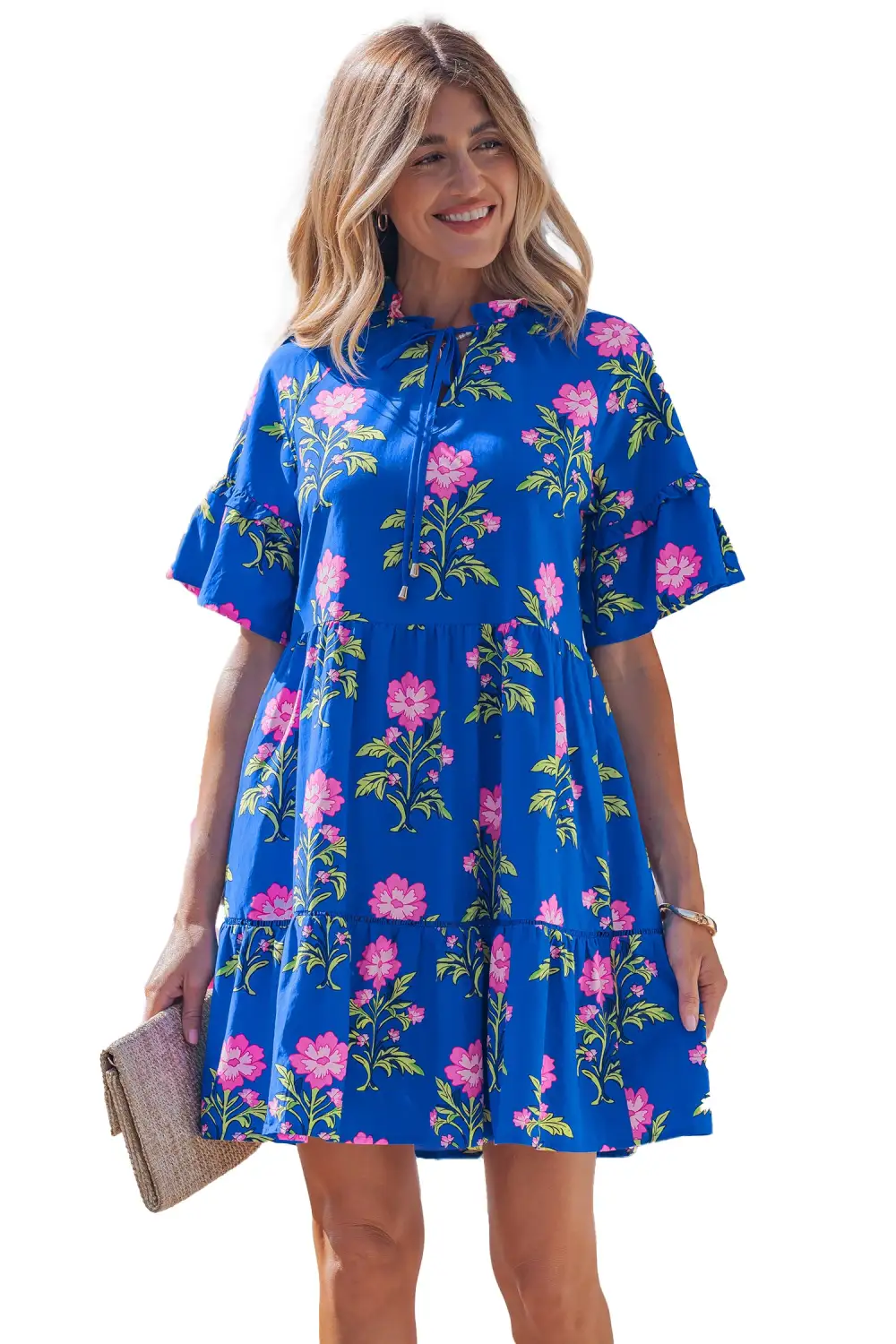 Relaxed Shape Floral V Neck Short Sleeve Dress