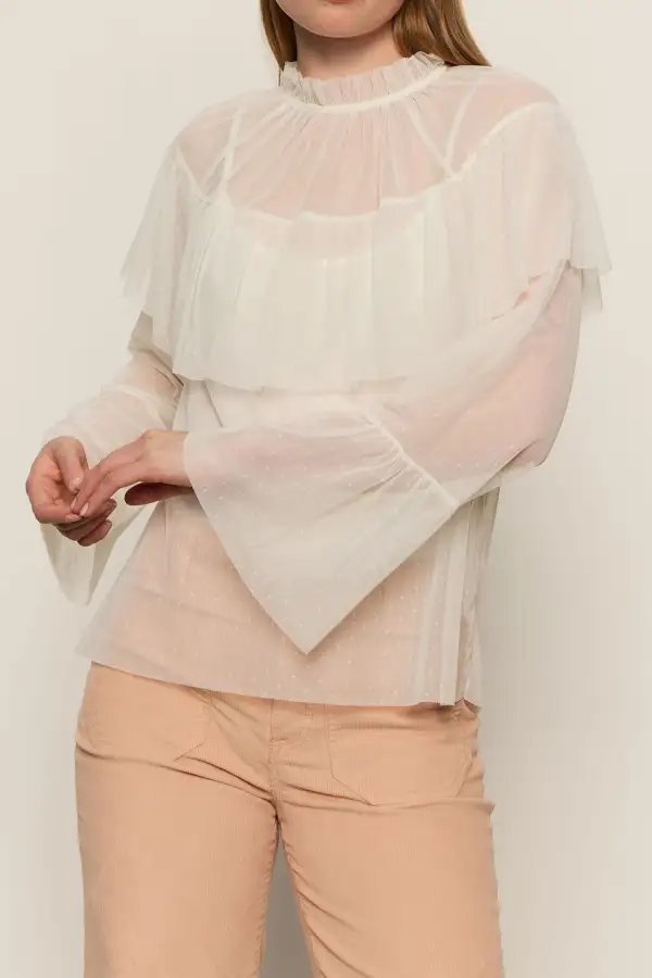 Mesh Ruffle Mixed Media Relaxed Blouse
