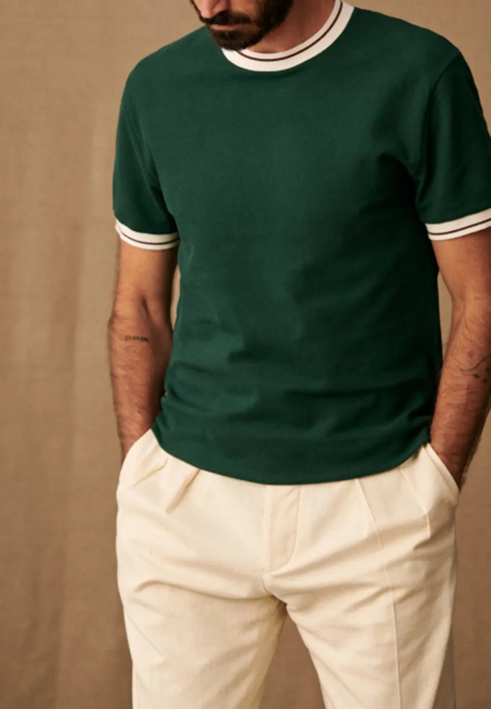 Dark Green White Trim Crew Neck Cotton T-Shirt