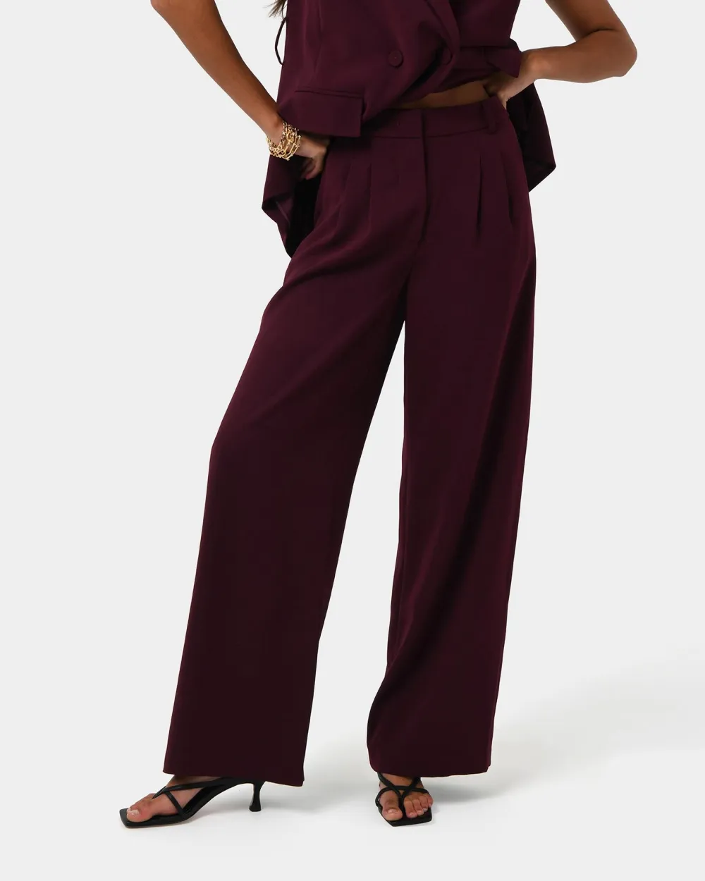 Wide Leg Tailored Pants -Wine