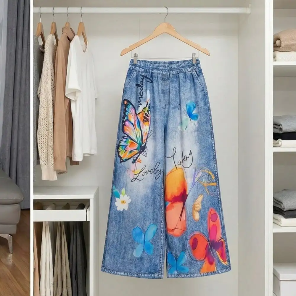 Knit Denim Statement Pants Butterfly Print Wide Leg S 2xl