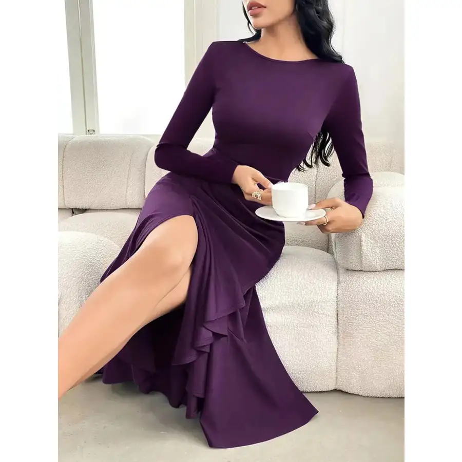 Ruffle Hem Long Sleeve Midi Dress