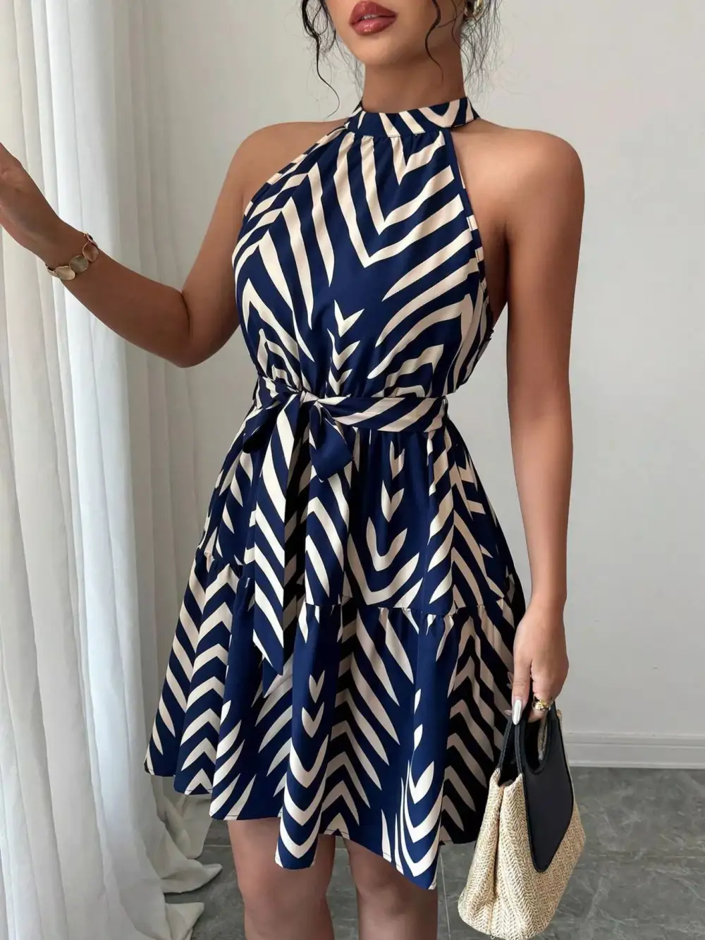 Printed Tie Waist Ruffle Dress Casual