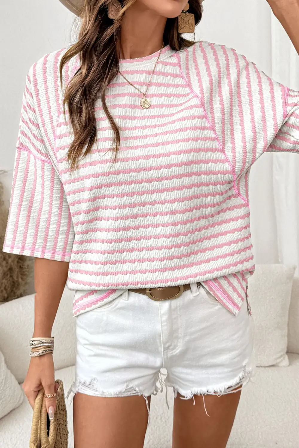 Striped Knit Half Sleeve Top