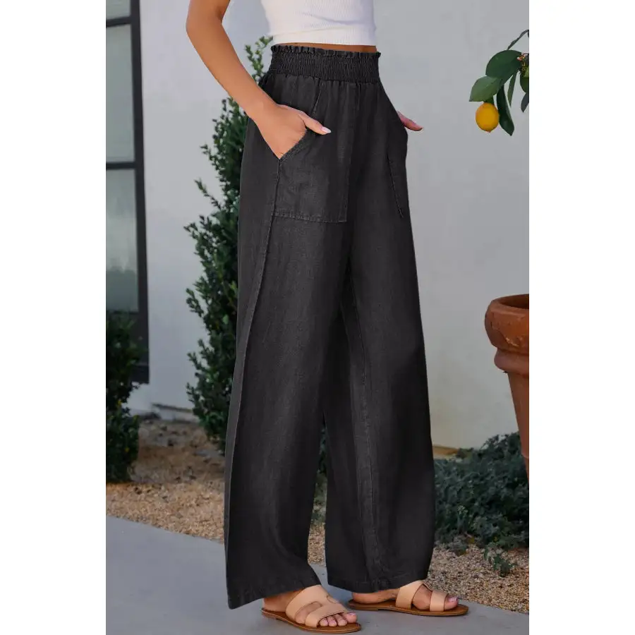 Side Pockets Frilled Smocked High Waist Wide Leg Pants