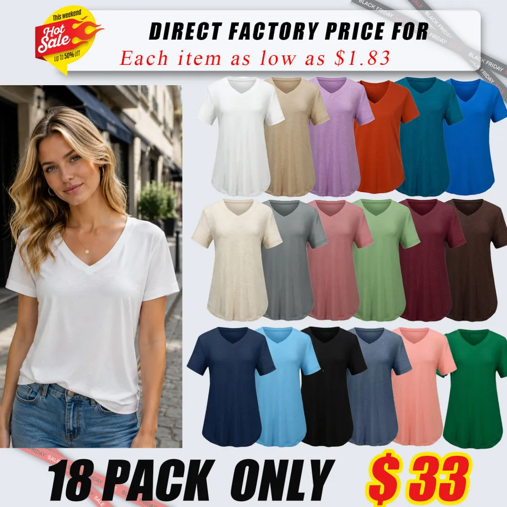 Women's Casual V-Neck Solid Color T-Shirt with Curved Hem